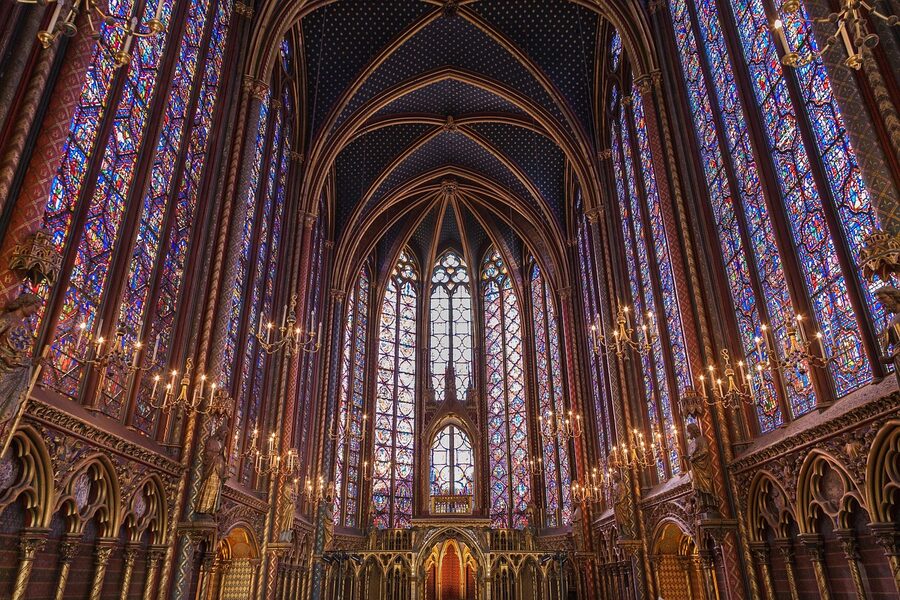 Sainte-Chapelle gothic interior with arches and stained glass windows