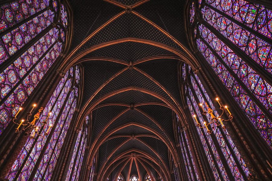 Sainte-Chapelle gothic vault and stained glass arches