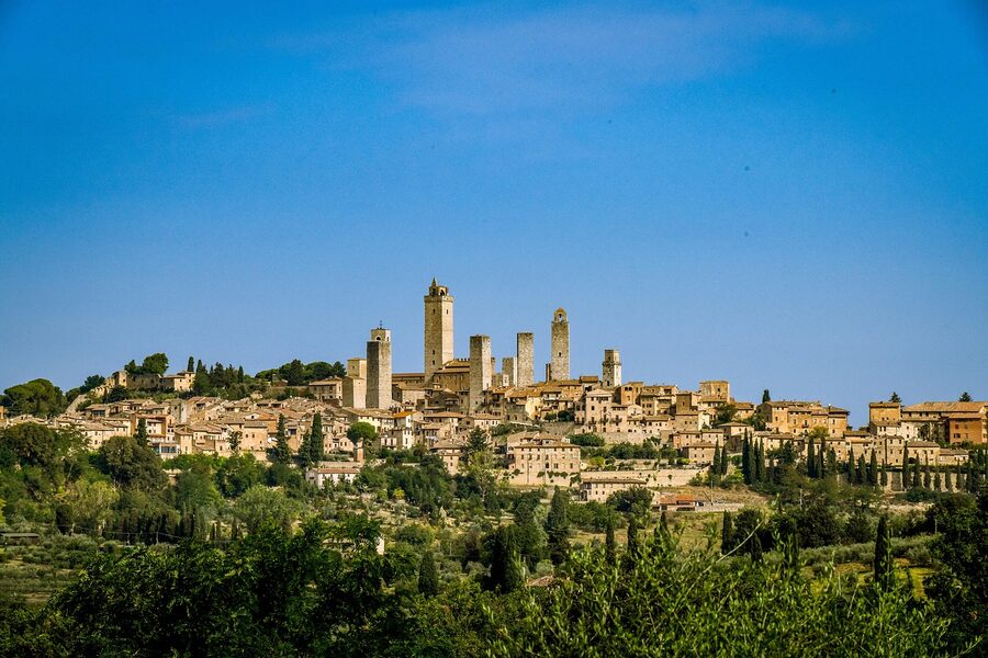 Panoramic view of San Gimignano from the surrounding countryside