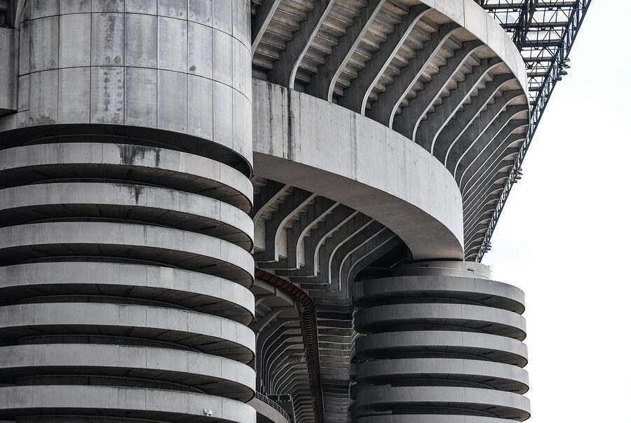 San Siro aerial view spiral towers red girders rooftop