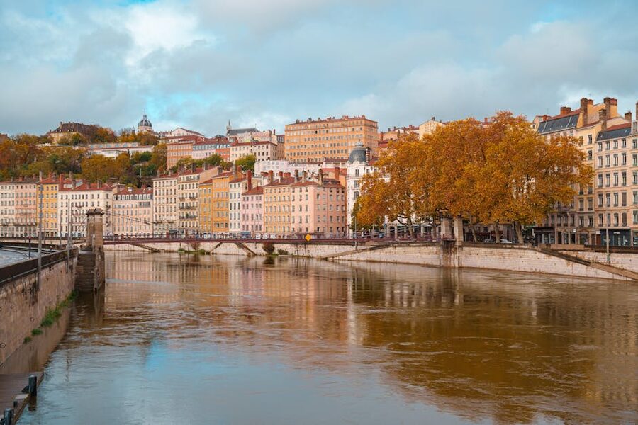 Saone river in autumn with Lyon architecture