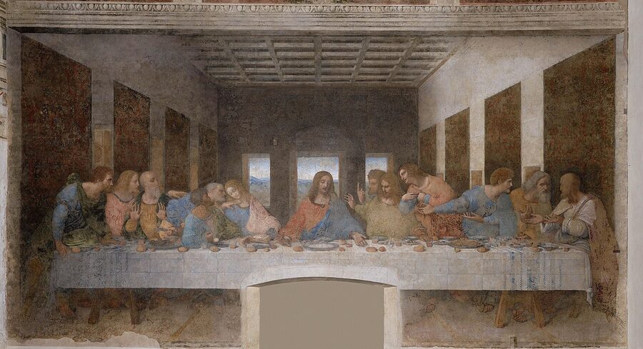 High-resolution scan of Leonardo Last Supper showing all twelve apostles and Christ