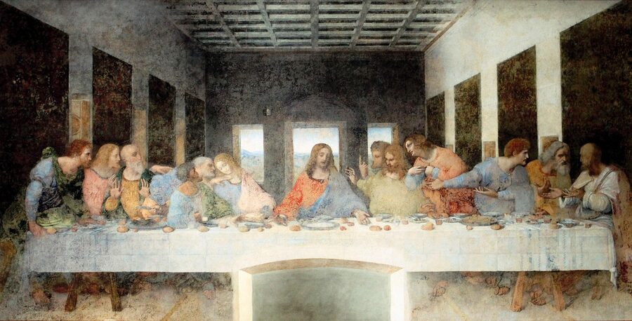 Wide view of Leonardo Last Supper mural inside Santa Maria delle Grazie refectory