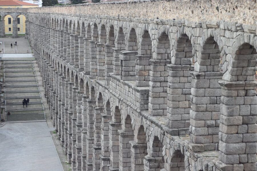 Close-up of granite arches of the Segovia aqueduct