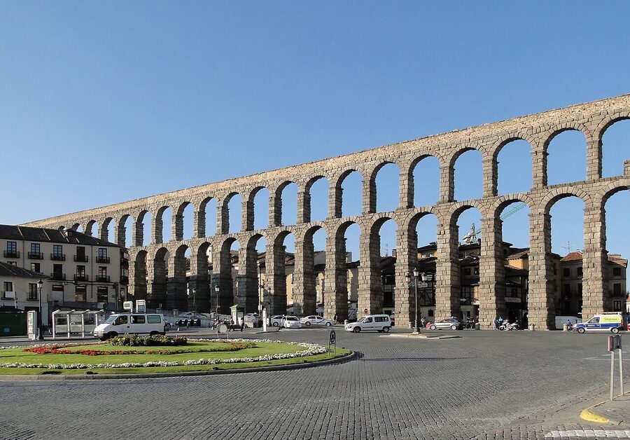 Aqueduct of Segovia full length view in late afternoon light