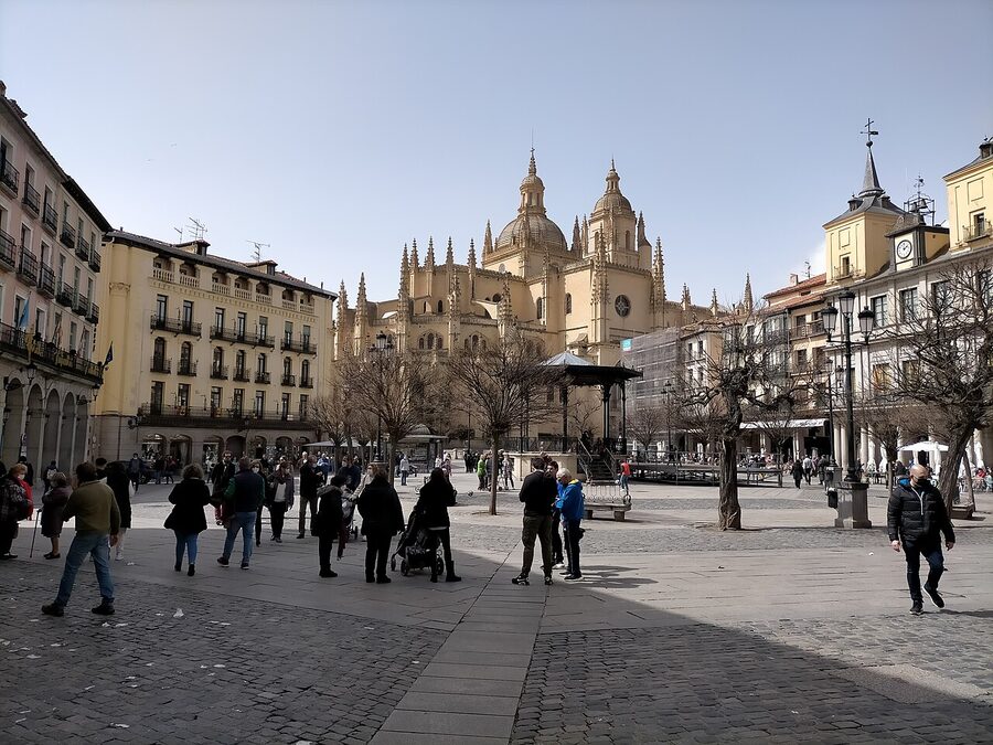 Plaza Mayor of Segovia main square with cathedral and arcades