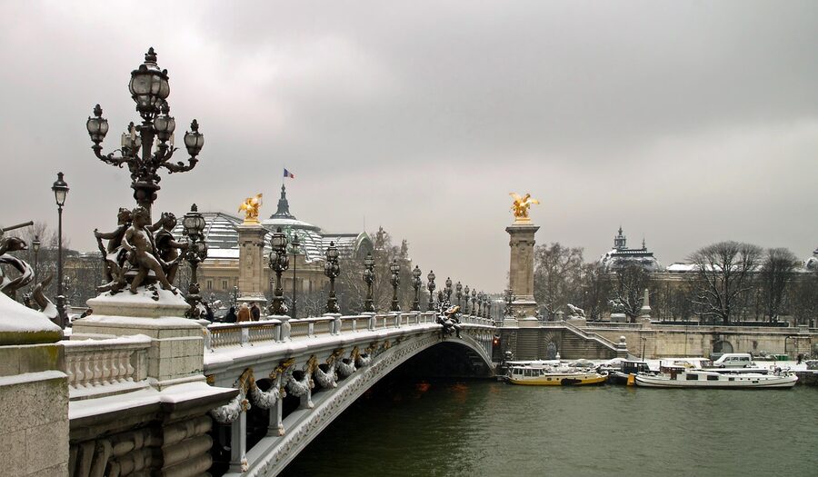 Pont Alexandre III in winter with snow and frost