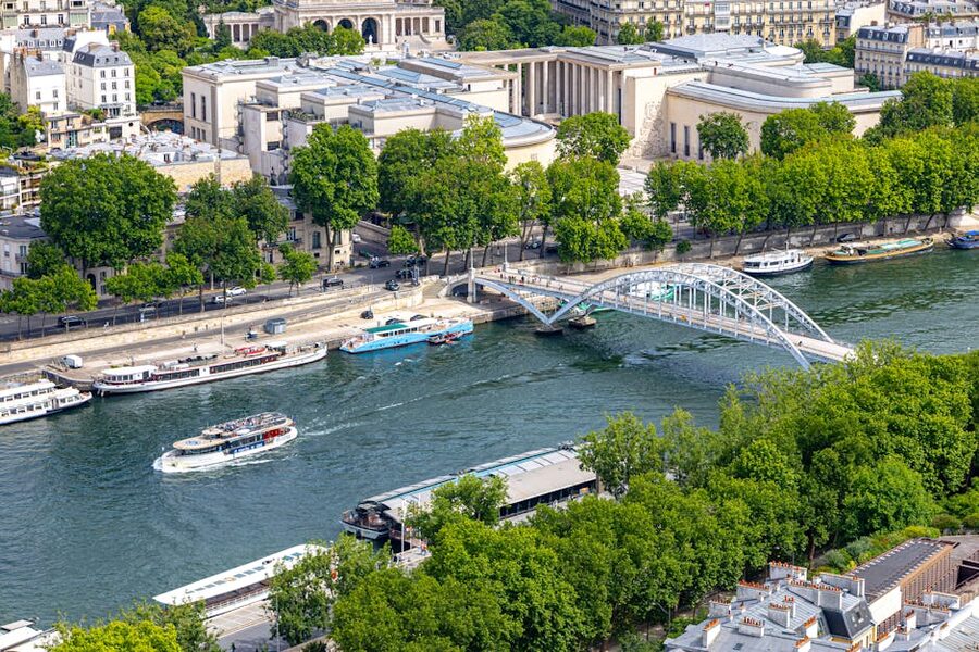 Aerial view of the Seine River in Paris with bridges and architecture