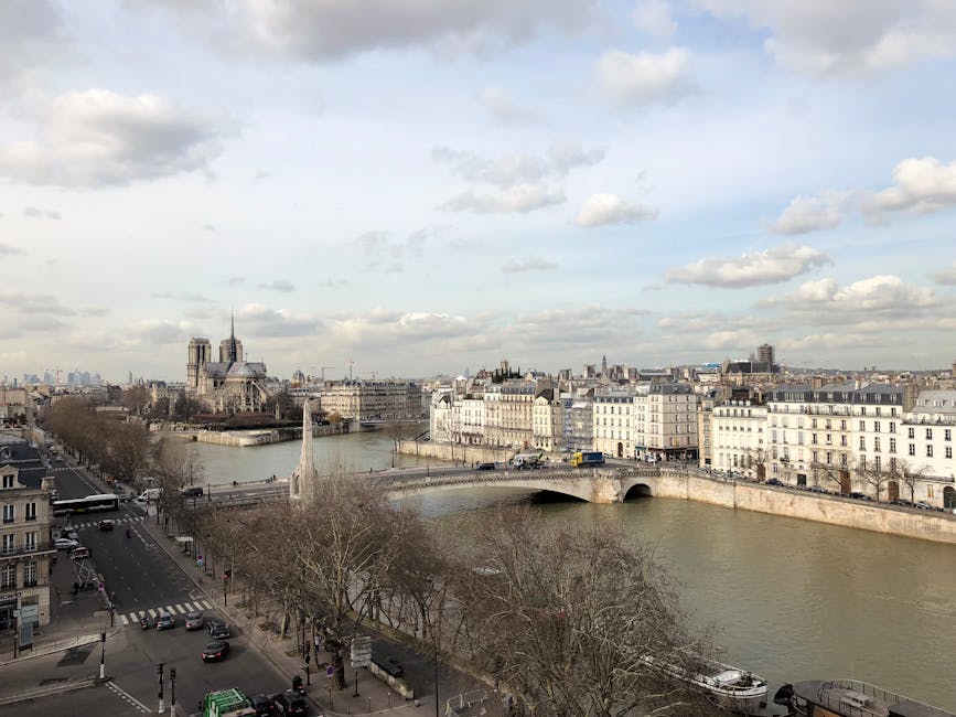 Aerial view of Notre Dame and the Seine River from Pont de la Tournelle in autumn