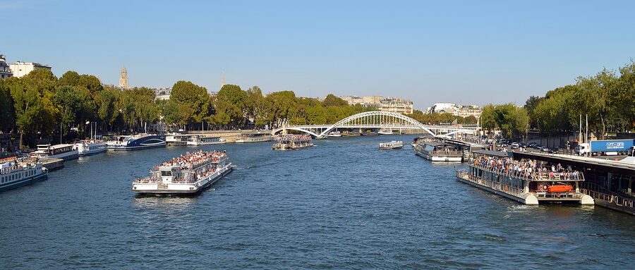 View up the Seine from Pont d'Iena Paris with Eiffel Tower in 2016