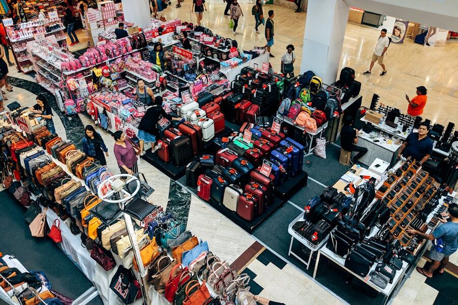 Overhead view of bags and luggage display