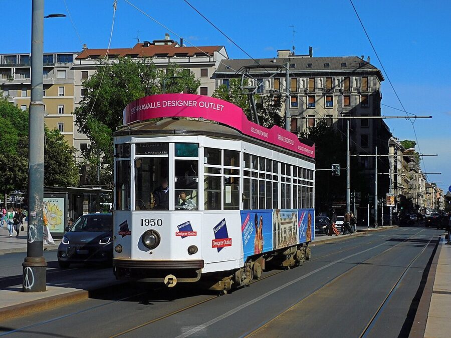 Milan tram with Serravalle Designer Outlet advertising livery