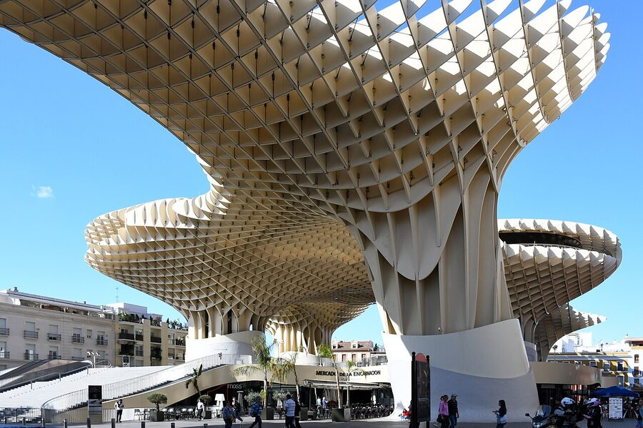 Underside of Setas de Sevilla showing the wooden grid pattern
