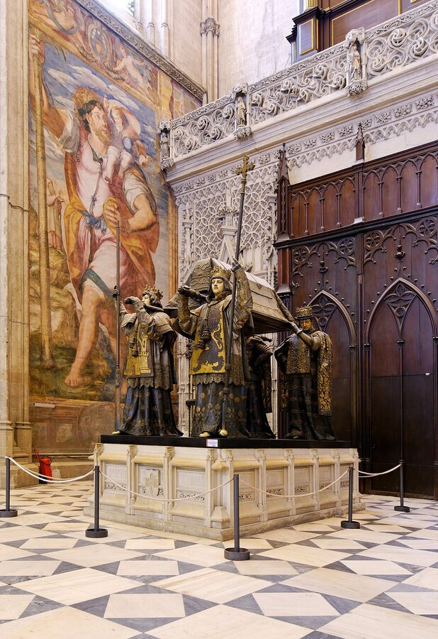 Tomb of Christopher Columbus in Seville Cathedral with four bronze kings