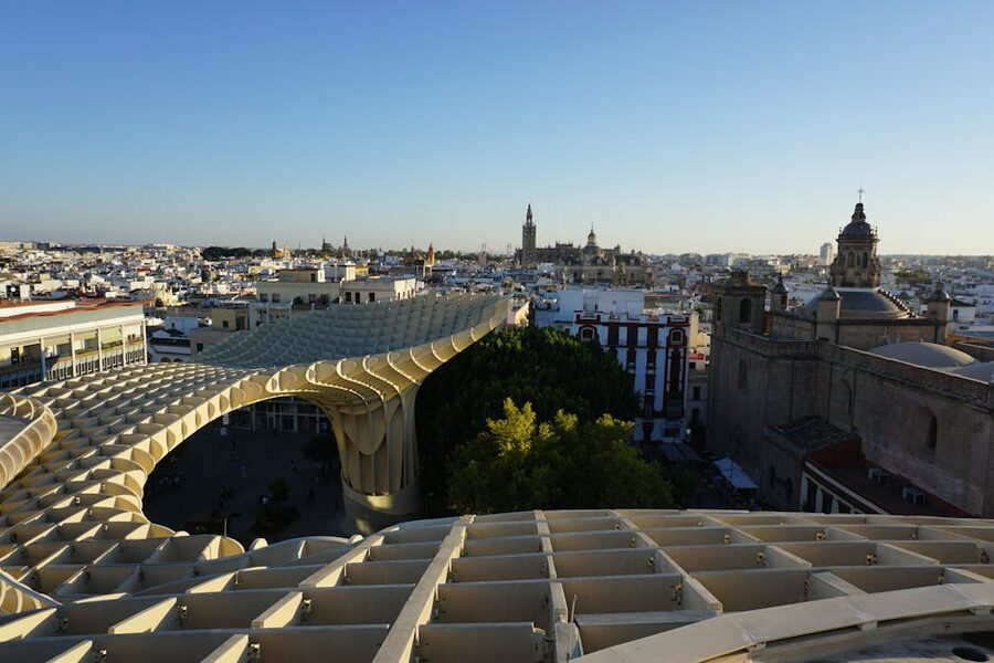 Seville skyline at sunset with Metropol Parasol