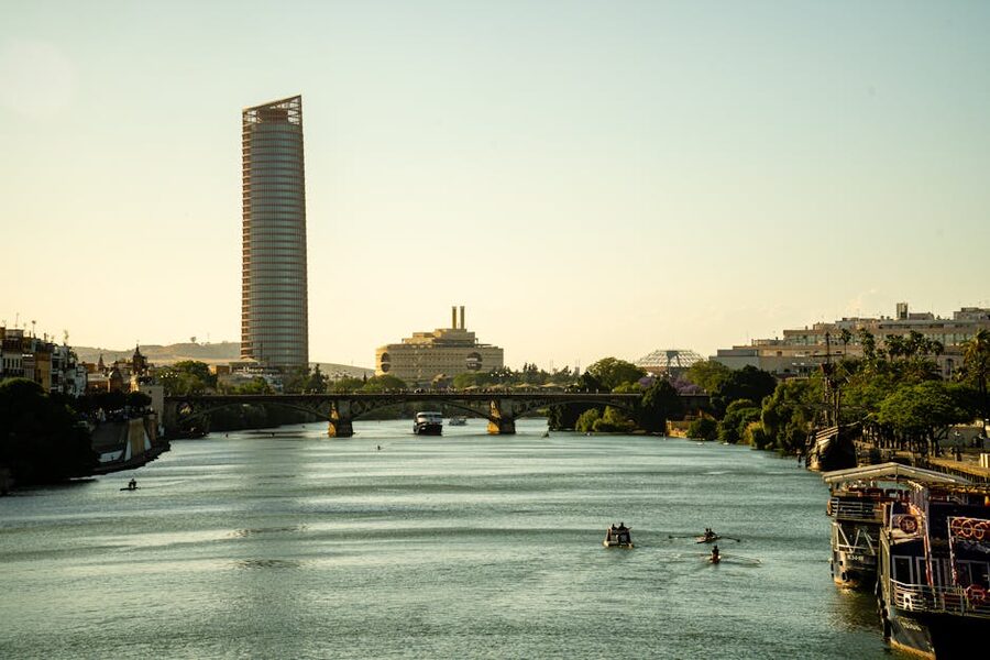 The Guadalquivir River and modern Seville bridges at sunset