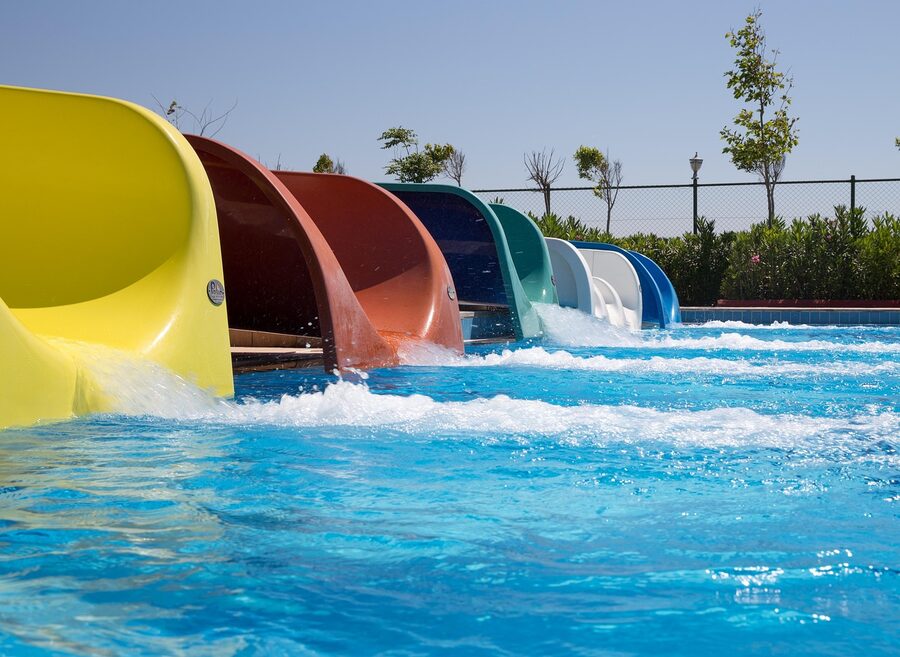 Water park slide structure on a summer day