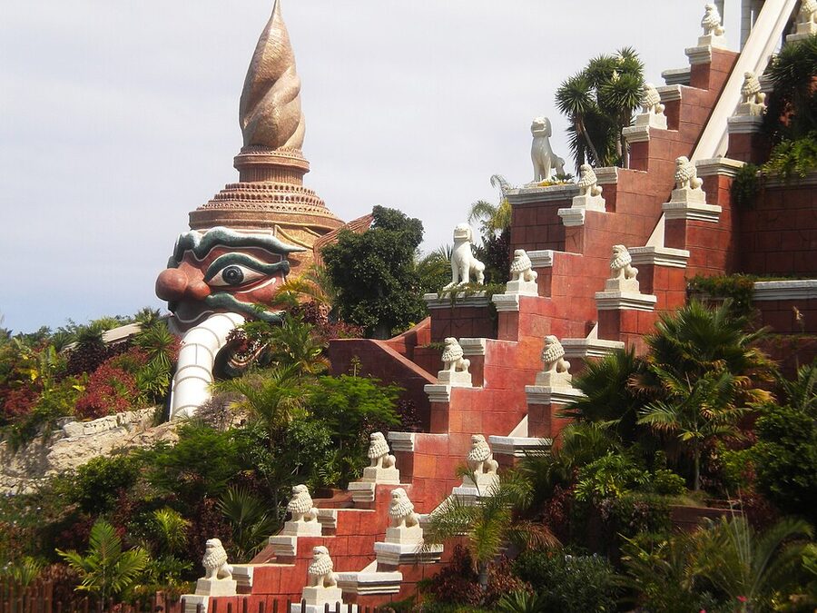 Siam Park grounds with multiple slides visible