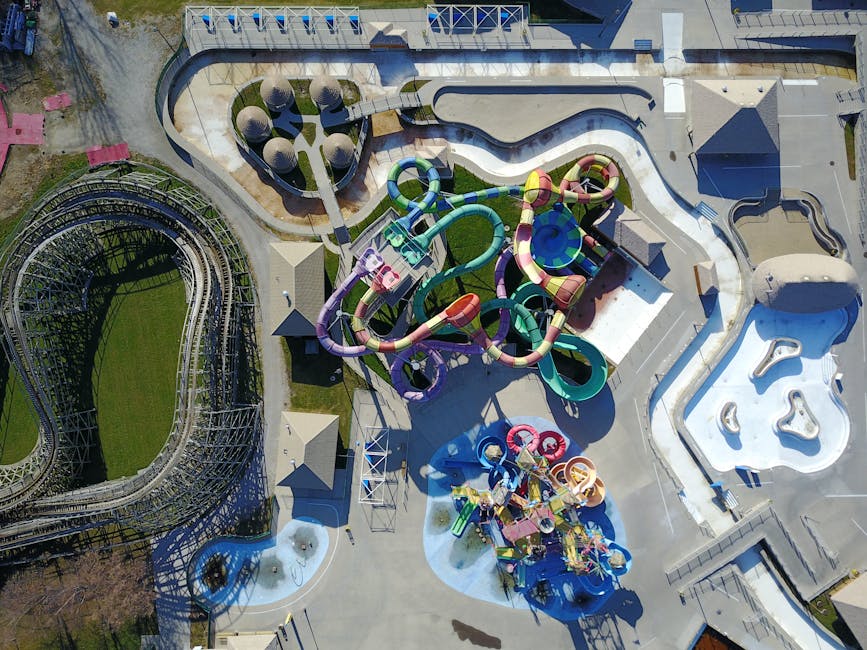 Aerial view of water slides at a tropical water park