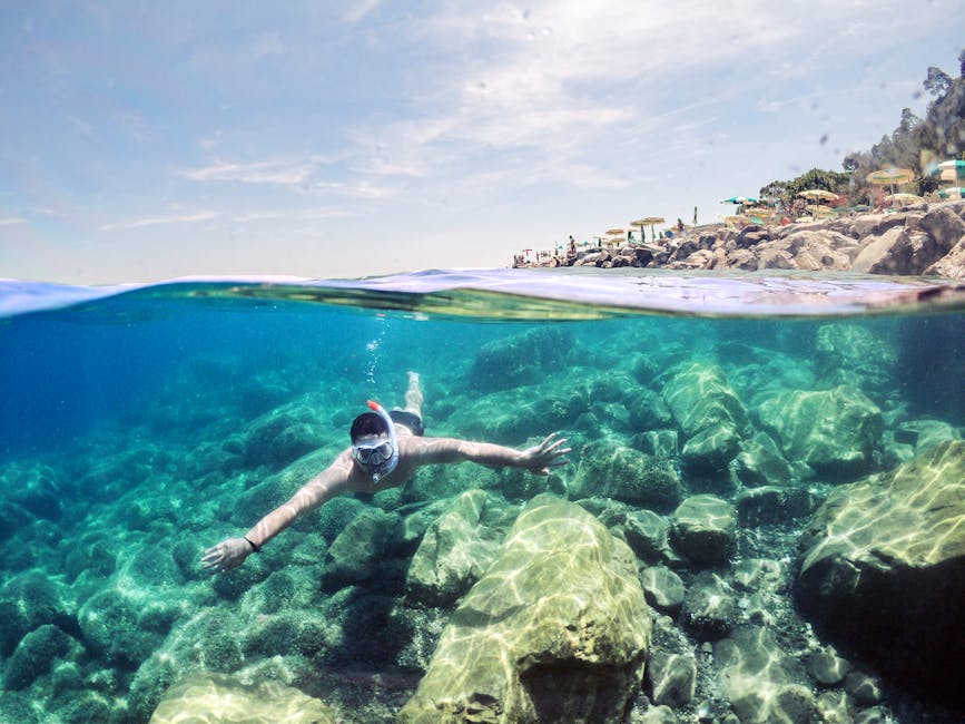 Snorkeler near a rocky Mediterranean coast La Maddalena
