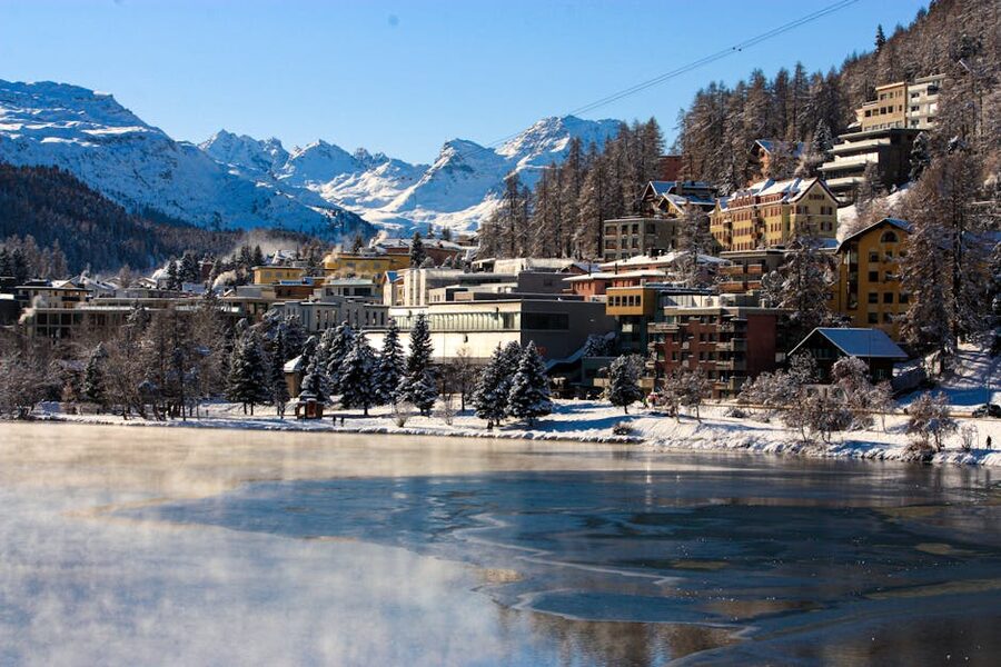 St. Moritz in winter with frozen lake