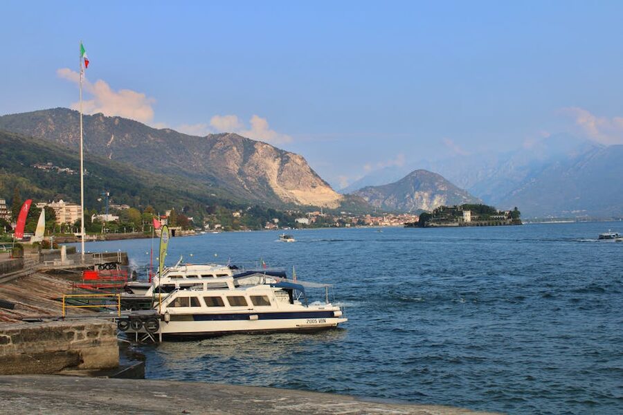 Stresa waterfront with docked boats on Lake Maggiore