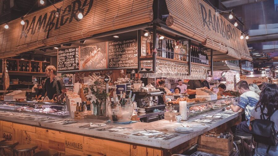 Lively Barcelona market food stall
