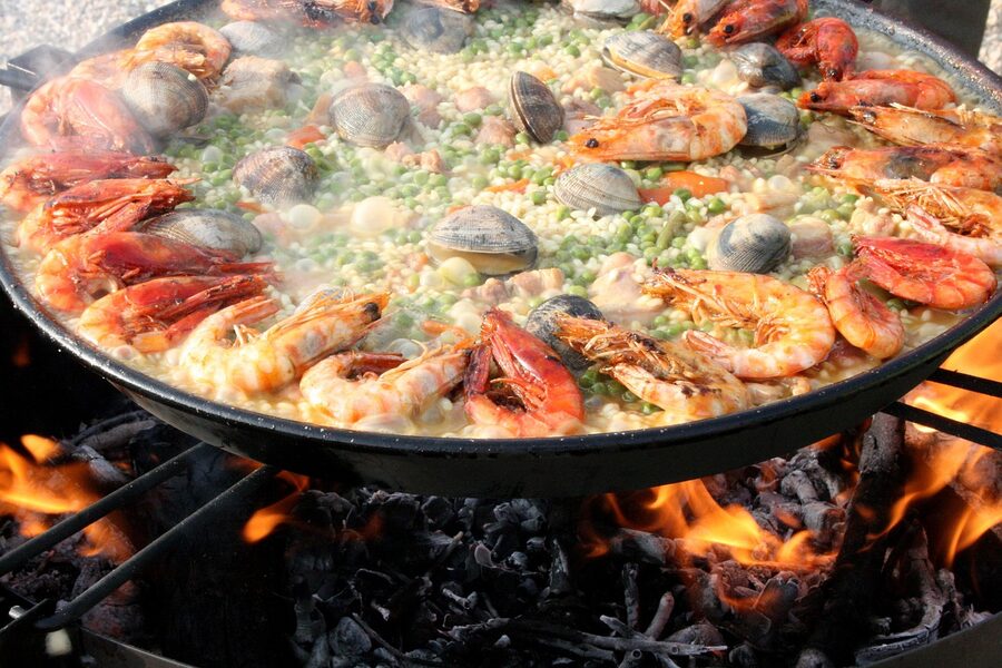 Paella valenciana with seafood prawns and shrimp