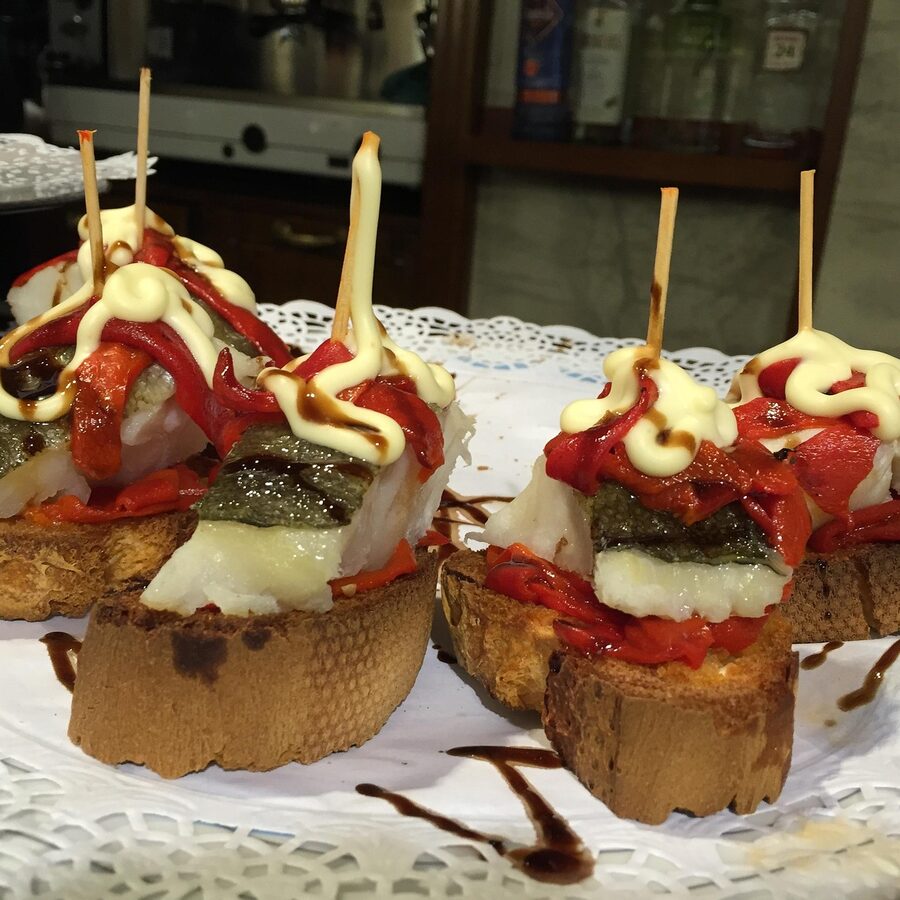 Pincho and pintxos display at a Spanish bar