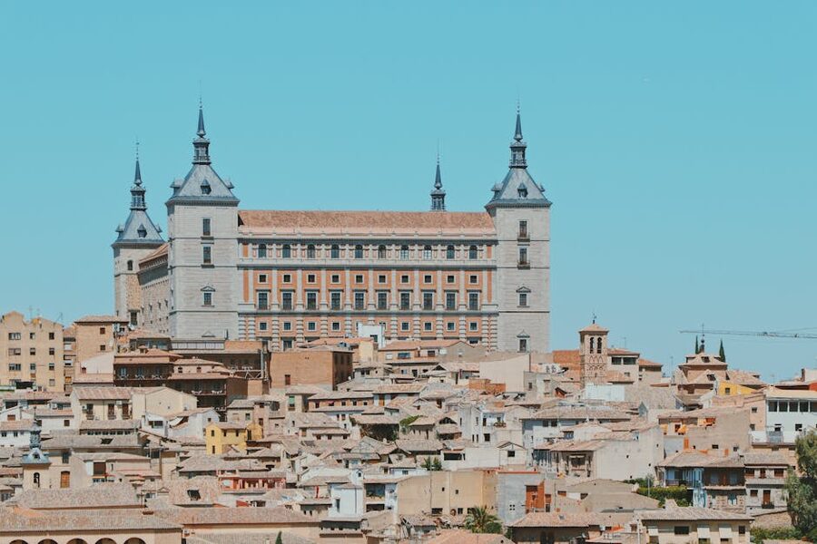 Aerial view of the Alcázar of Toledo, a square Renaissance fortress on the highest hill