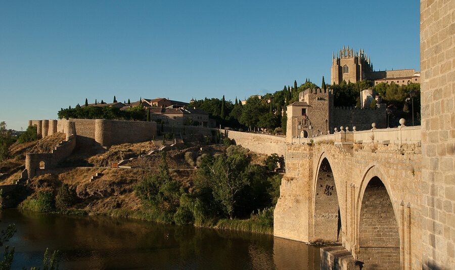 Stone ramparts and bridge at Toledo, Spain, above the Tagus river
