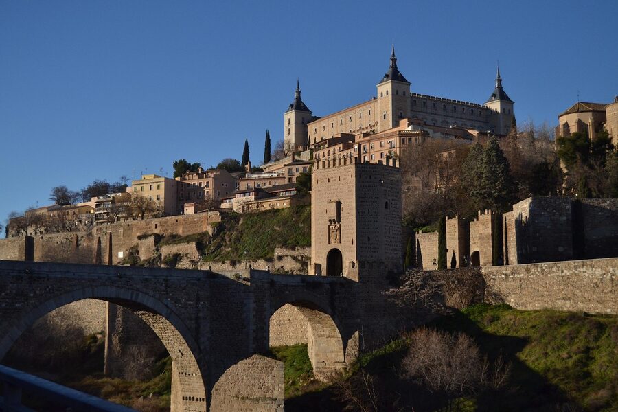 Old town of Toledo, Spain, with cathedral and red-tiled rooftops