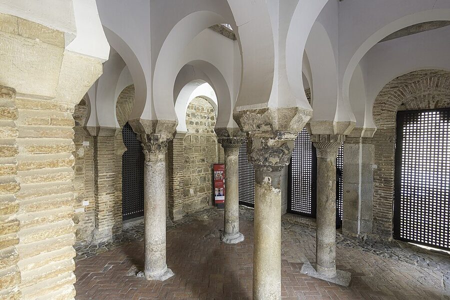 Interior of the Mosque of Cristo de la Luz showing the Almohad nine-bay vaulting in Toledo