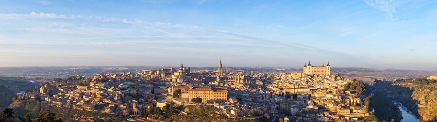 Panoramic view of medieval Toledo, Spain, from across the Tagus river