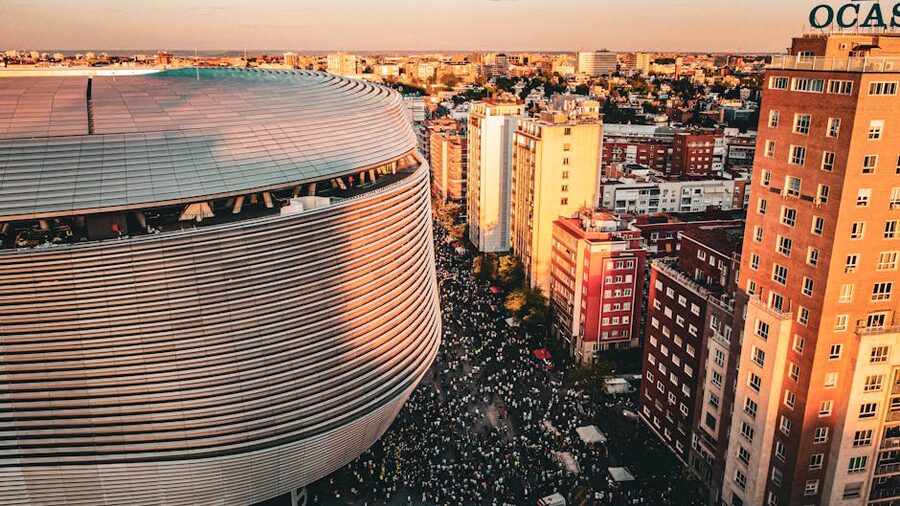 Bernabéu and Madrid cityscape at sunset