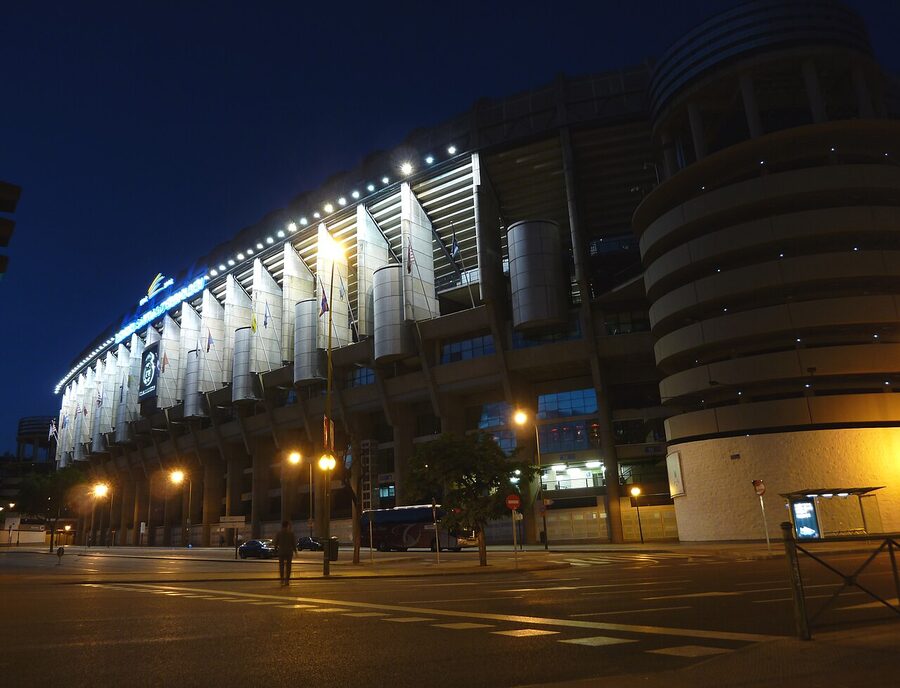 Bernabéu illuminated facade at night