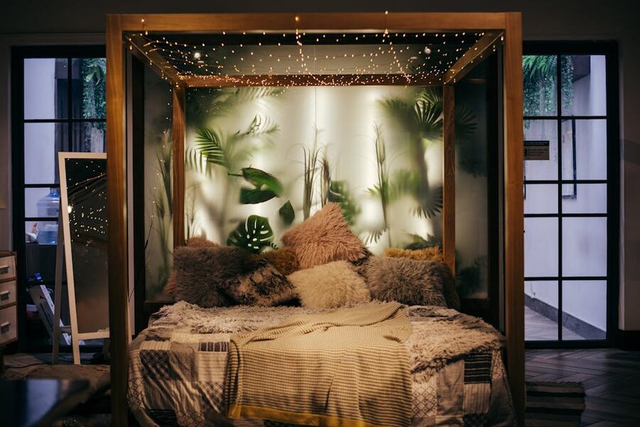 A stylised bedroom set similar to the inverted bedroom at the Upside Down Museum Amsterdam