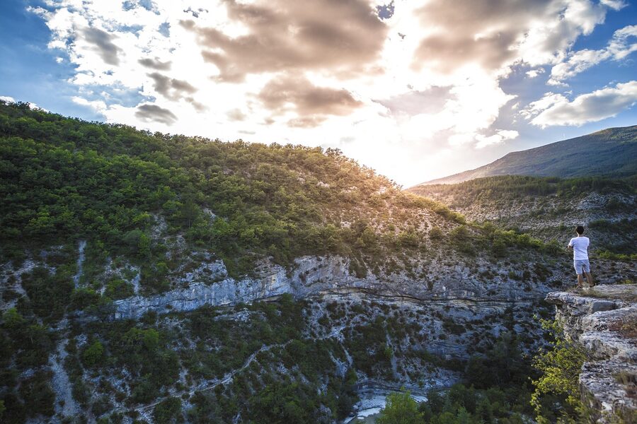 Verdon Gorge wide panorama showing turquoise water and limestone walls