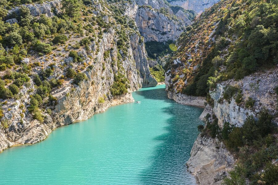 Verdon River flowing into Lac de Sainte-Croix at the western end of the gorge