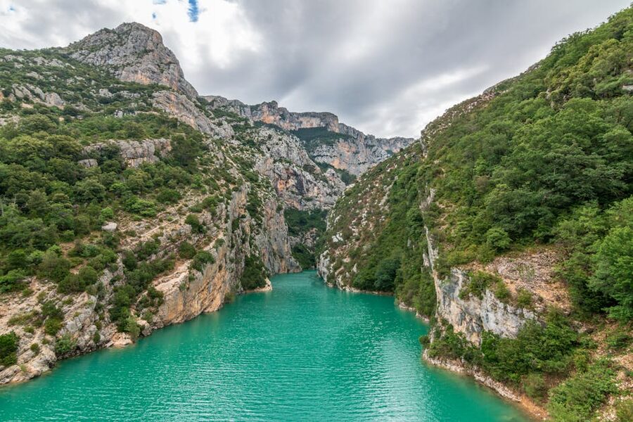 Verdon River turquoise water between limestone cliffs in Provence