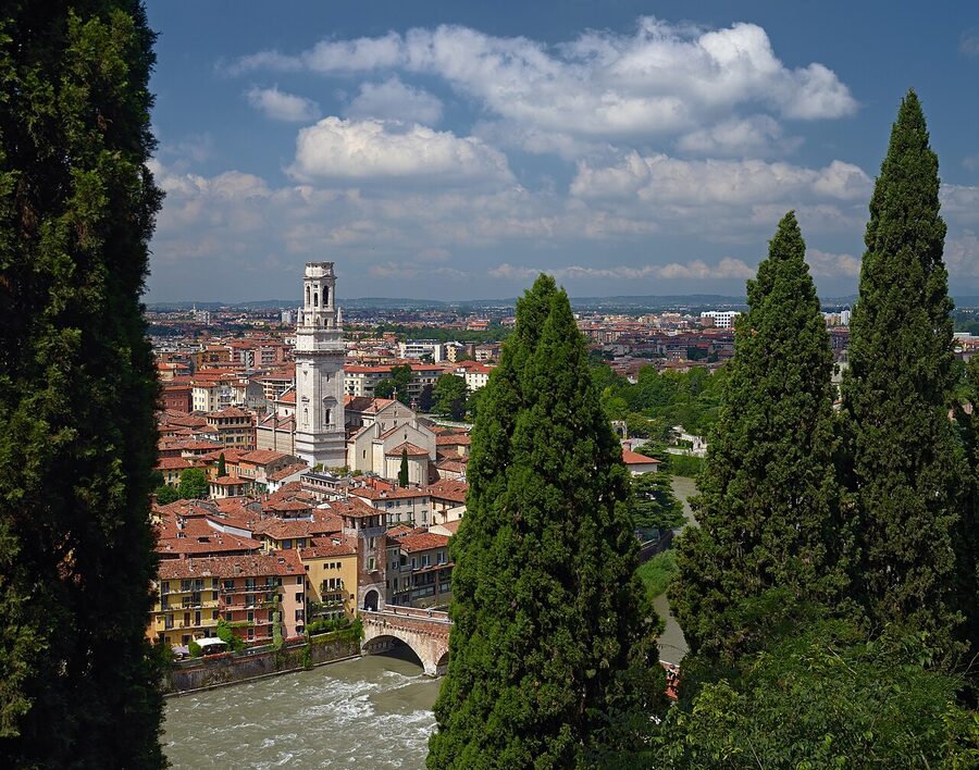 View of Verona Cathedral and rooftops from Castel San Pietro