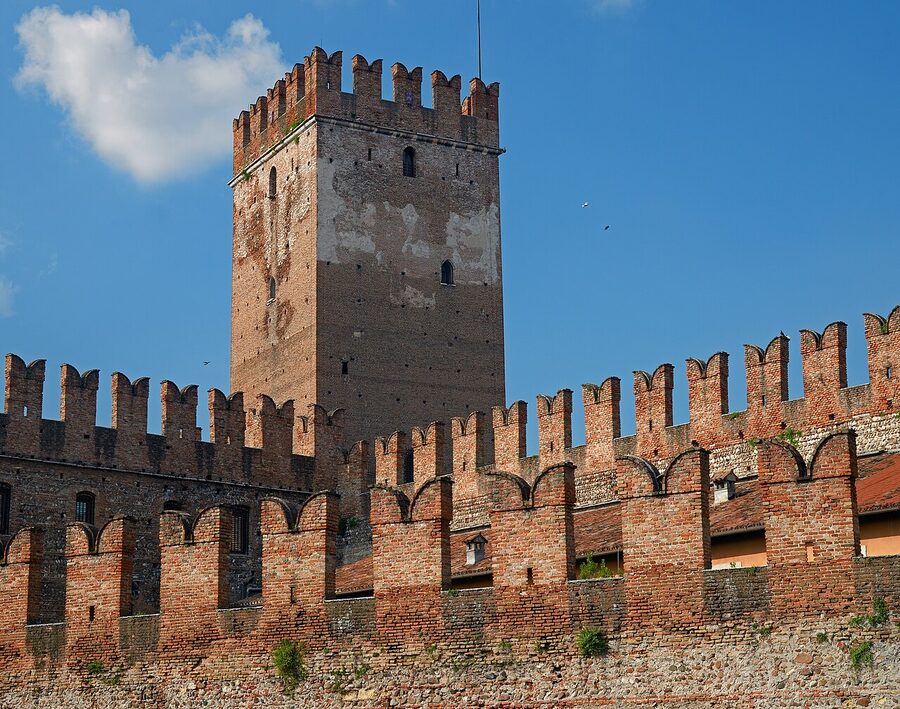 Castelvecchio medieval fortress walls and tower in Verona