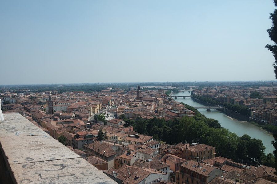 Verona panorama showing the Adige river and historic city centre from above