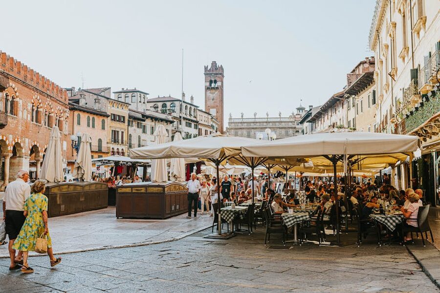 Cafes and outdoor dining at Piazza delle Erbe Verona