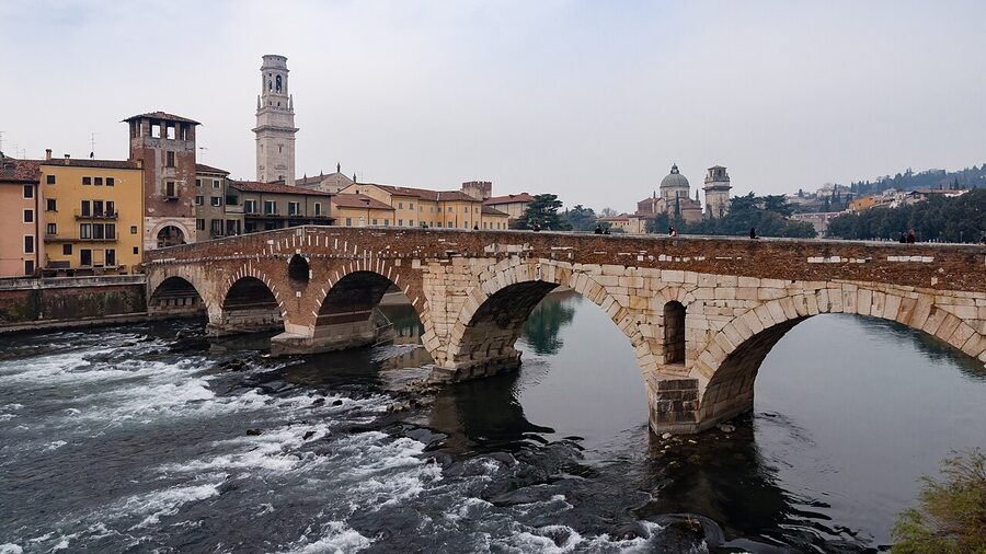 Ponte Pietra Roman stone bridge crossing the Adige in Verona