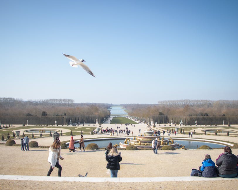 Panoramic view of Versailles Gardens with fountain