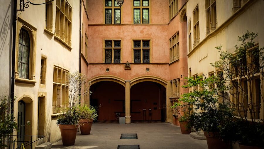 Historic Renaissance courtyard arches in Vieux Lyon