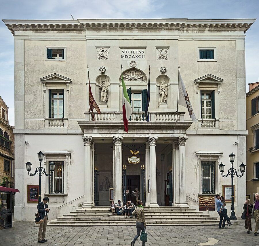 Neoclassical facade of Teatro La Fenice on Campo San Fantin, Venice