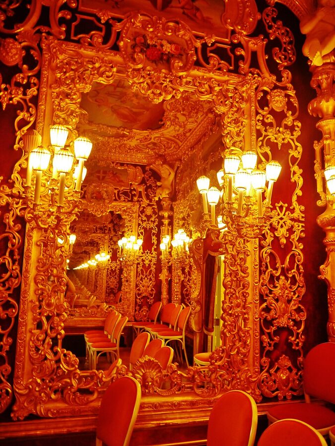 Royal box at La Fenice with carved gilt and embroidered drapes, Venice