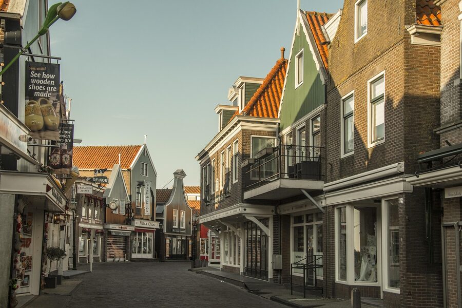 Volendam fishing village with wooden houses on the harbour